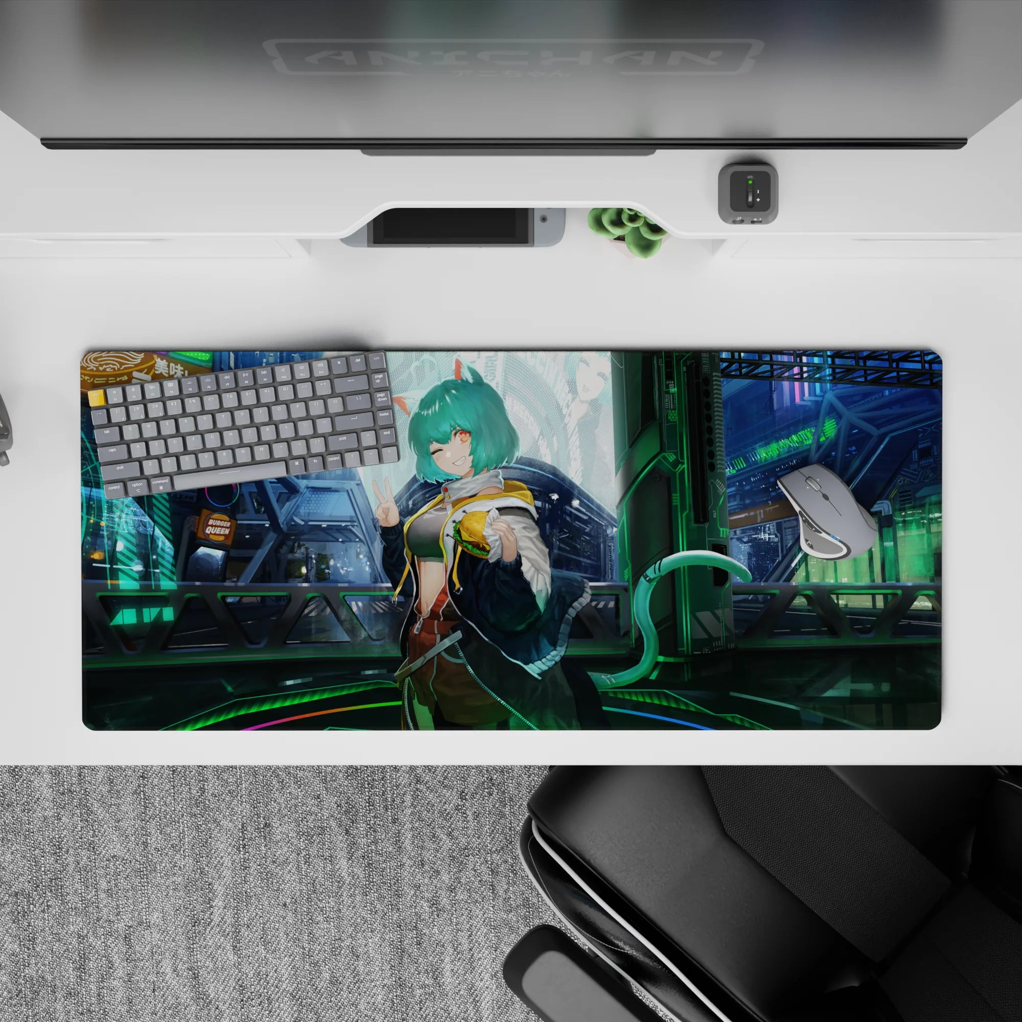 Mint green and electric blue neon rain vibe anime desk pad with soft reflections, 36x16 inches.