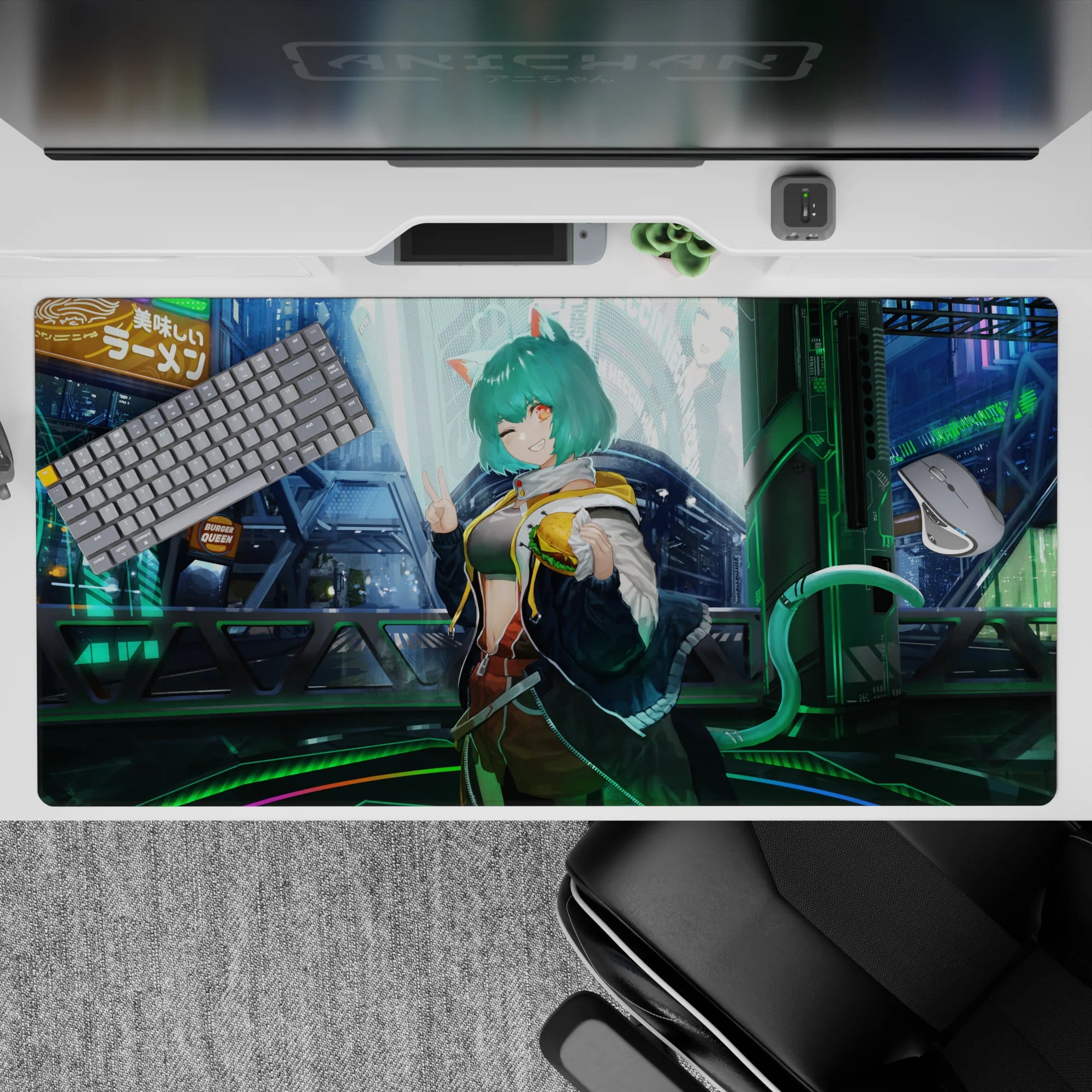 Mint green and electric blue glow anime desk pad 40x20 inches, late-night Tokyo vibe with soft reflections.