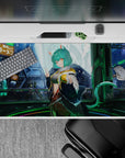 Mint green and electric blue glow anime desk pad 40x20 inches, late-night Tokyo vibe with soft reflections.