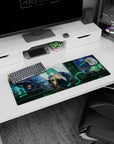 Teal-haired catgirl flashing a peace sign on a rainy neon street mouse pad 32x12 inches.