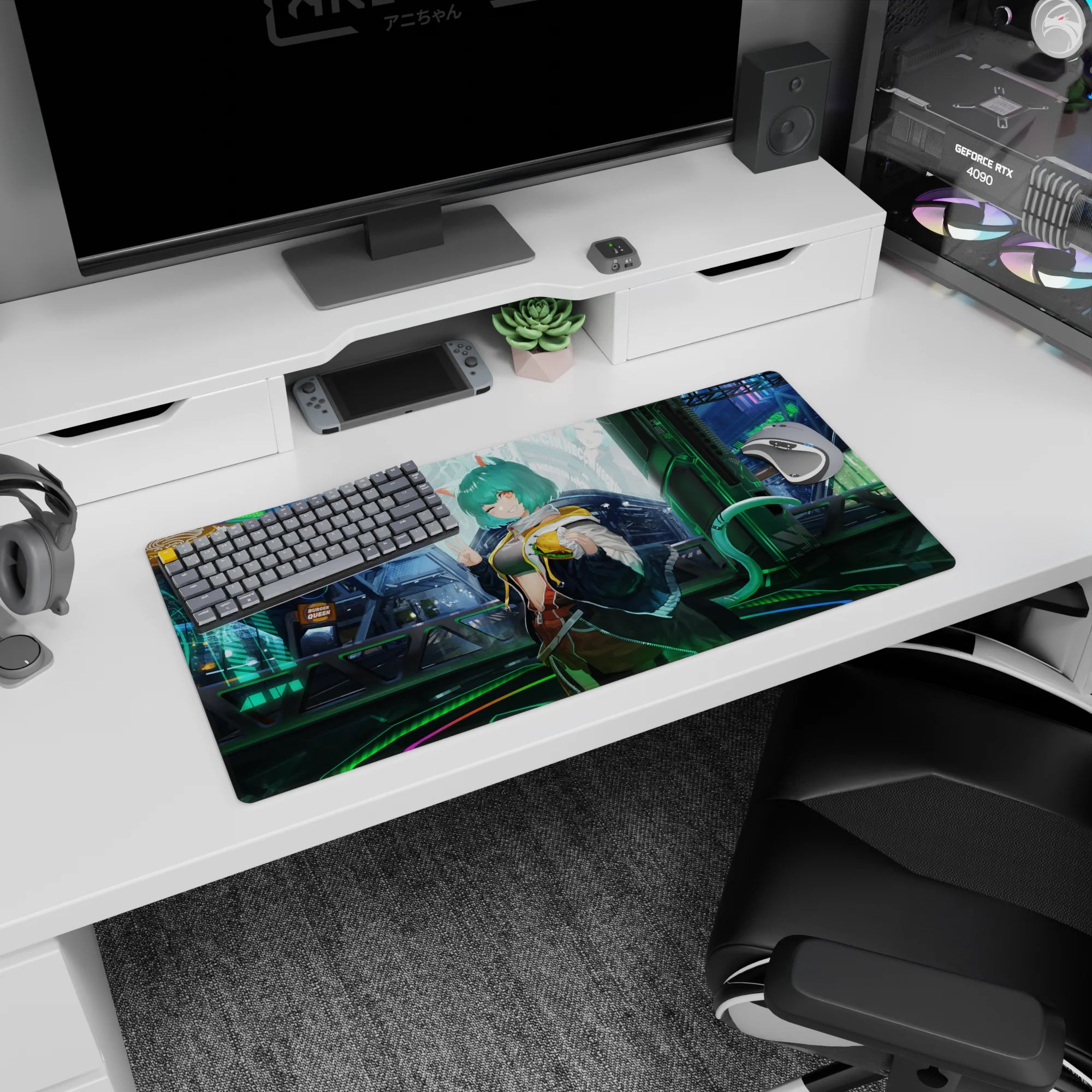 Teal-haired catgirl in neon cyberpunk street on 32x16 inches anime mouse pad, cute wink and ramen lights.