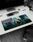Teal-haired catgirl in neon cyberpunk street on 32x16 inches anime mouse pad, cute wink and ramen lights.