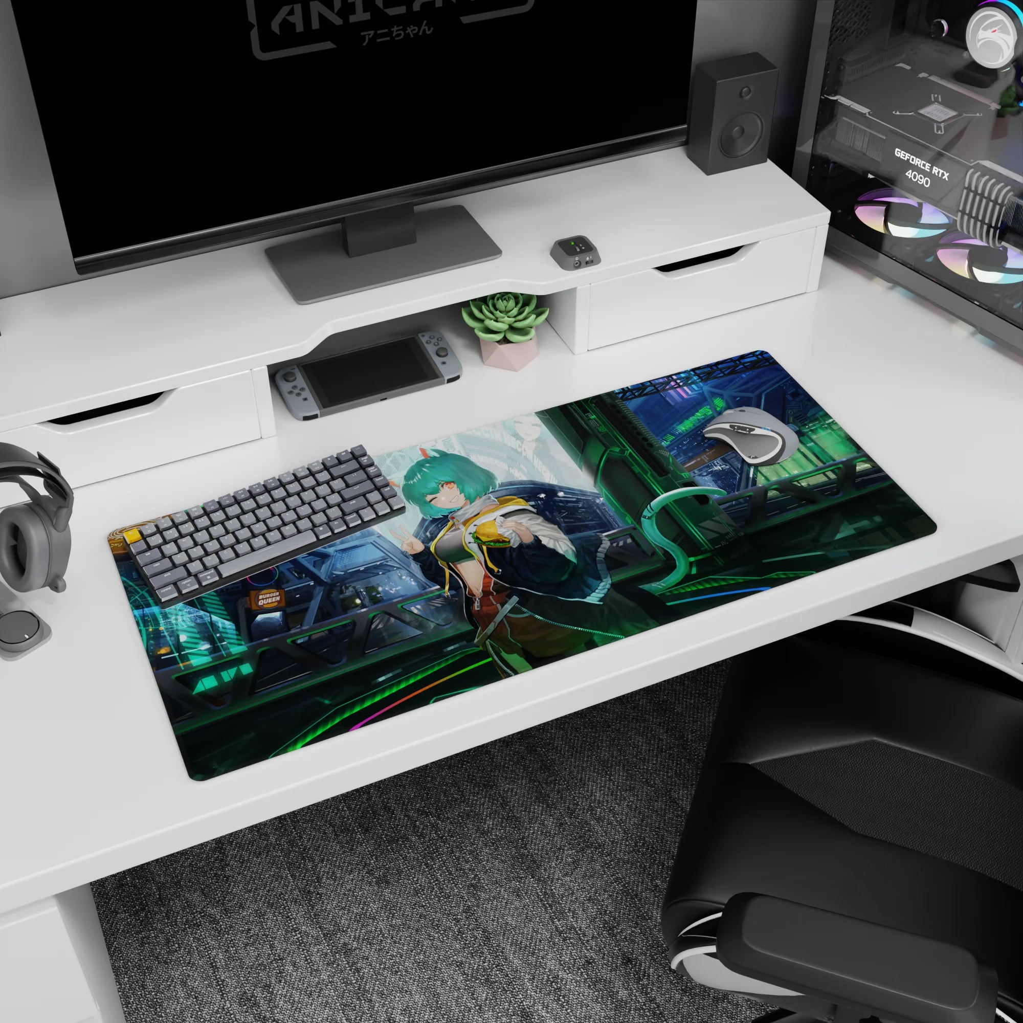 Teal-haired catgirl flashing a peace sign in a late-night Tokyo alley desk pad, 36x16 inches.