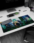 Teal-haired catgirl flashing a peace sign in a late-night Tokyo alley desk pad, 36x16 inches.