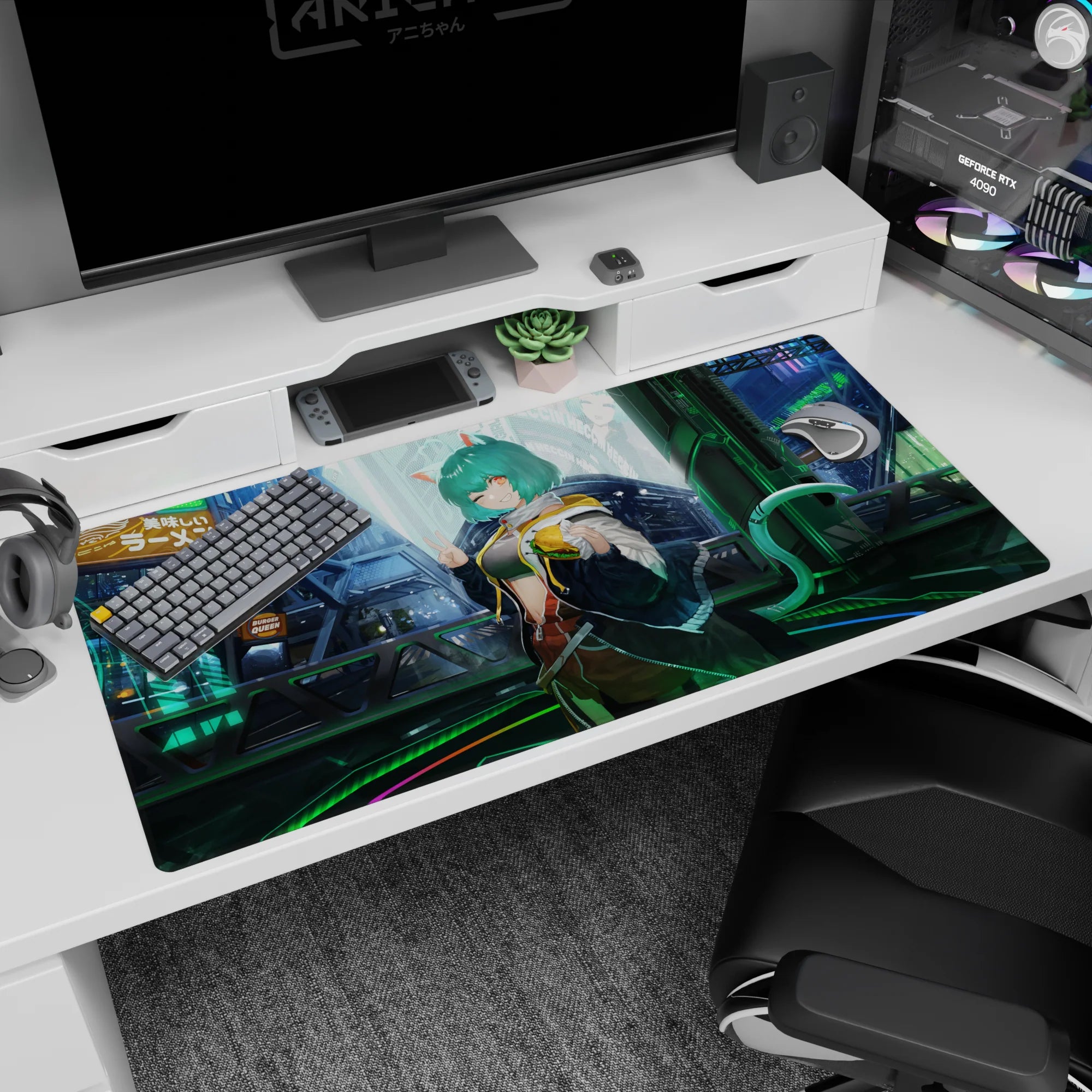 Teal-haired catgirl in neon rain street scene anime desk pad 40x20 inches, ramen signs and playful wink.