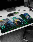 Teal-haired catgirl in neon rain street scene anime desk pad 40x20 inches, ramen signs and playful wink.
