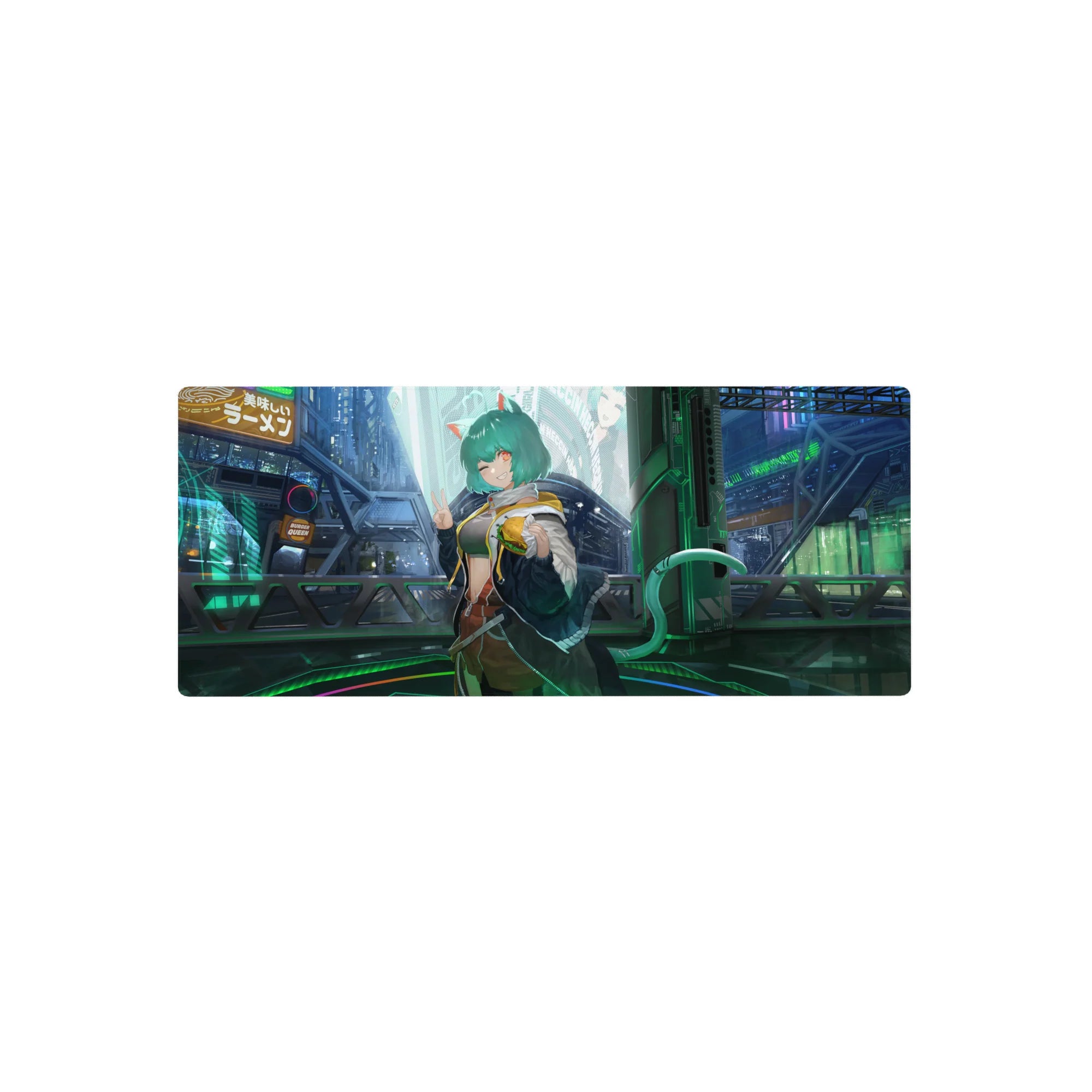 Cyberpunk Tokyo street anime girl mouse pad, neon ramen signs and catgirl peace sign, 28x12 inches.