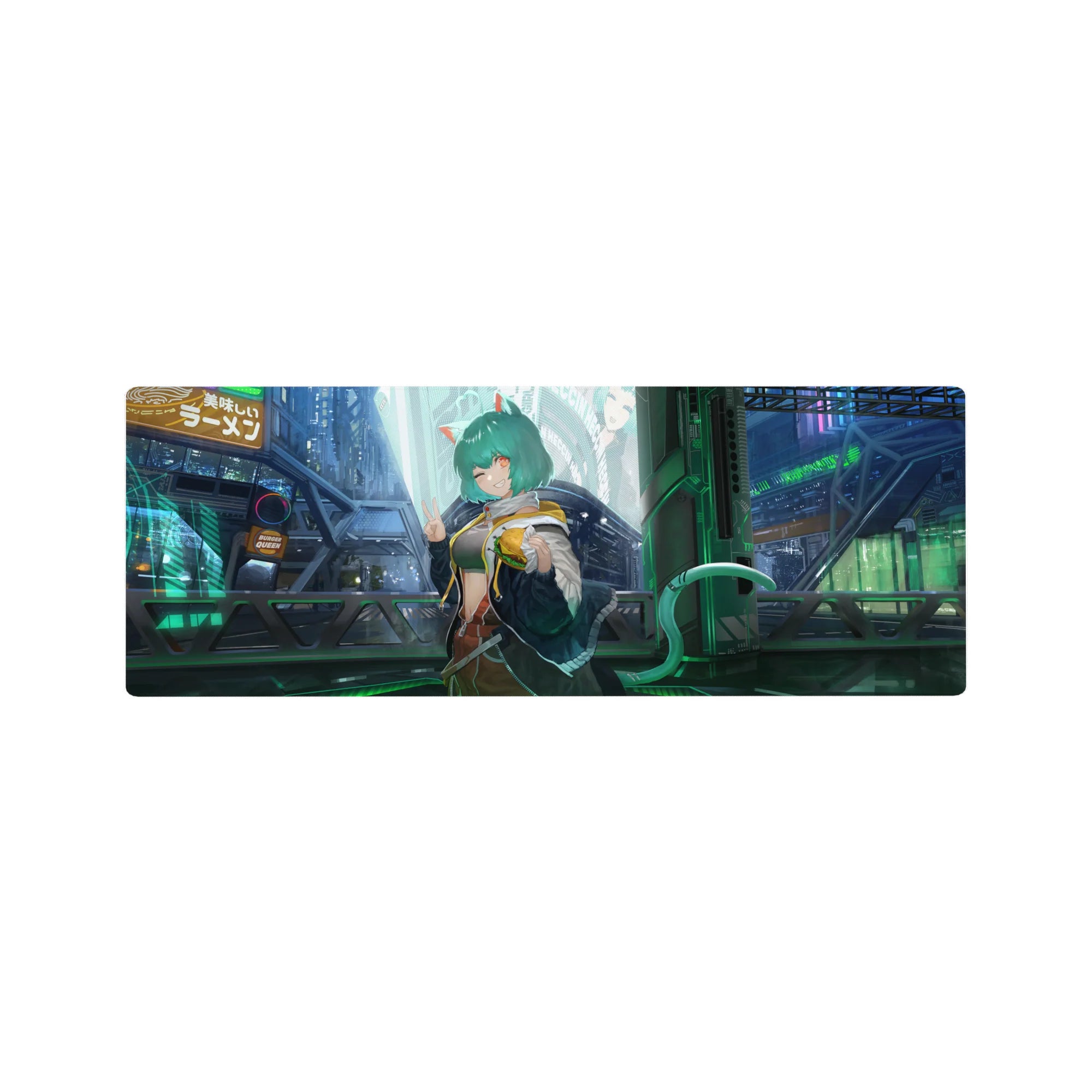 Cyberpunk Tokyo anime girl mouse pad 32x12 inches with neon ramen signs, catgirl, and glossy street glow.