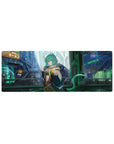 Cyberpunk Tokyo anime girl mouse pad 32x12 inches with neon ramen signs, catgirl, and glossy street glow.