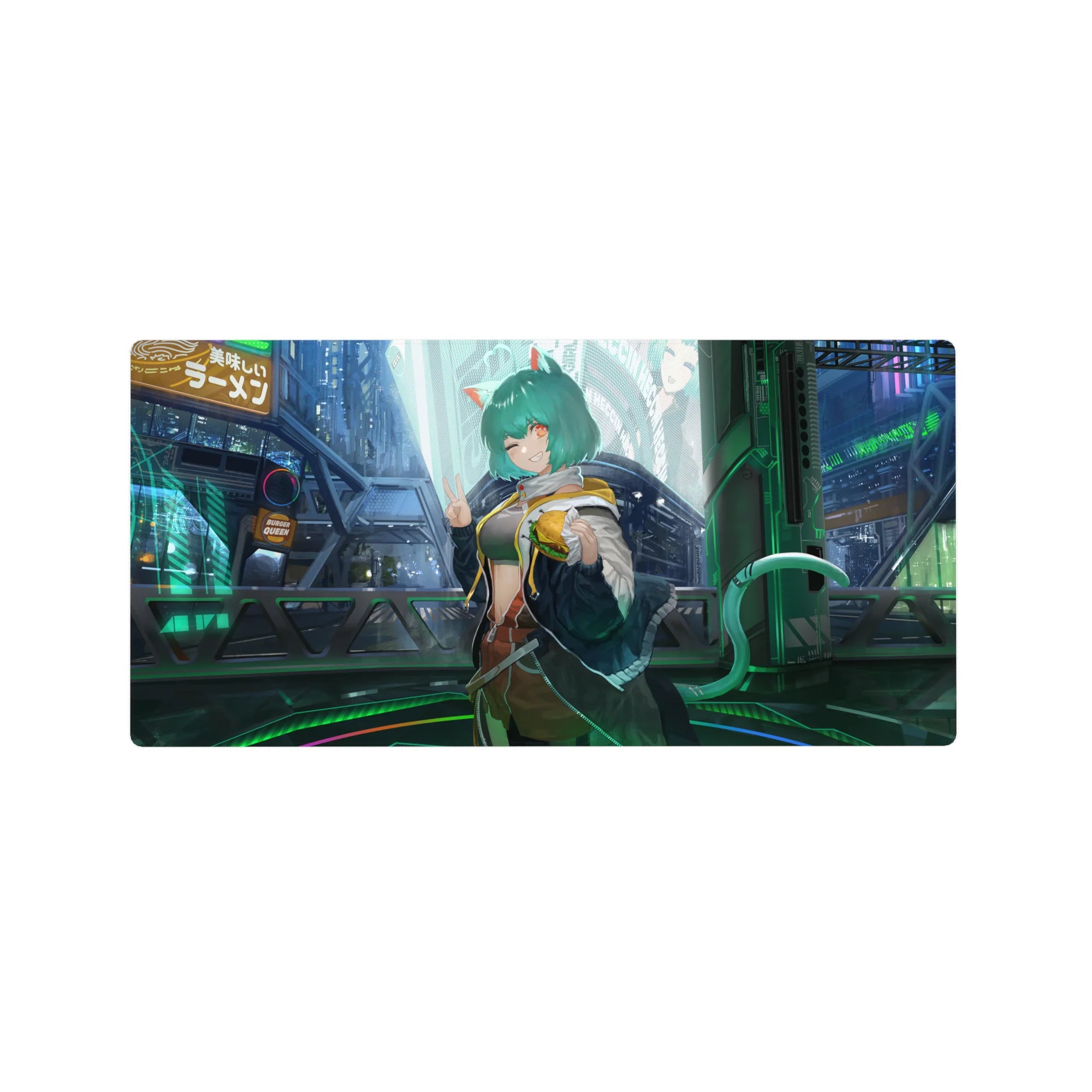 Cyberpunk anime girl mouse pad 32x16 inches with neon ramen signs and teal-haired catgirl peace sign.