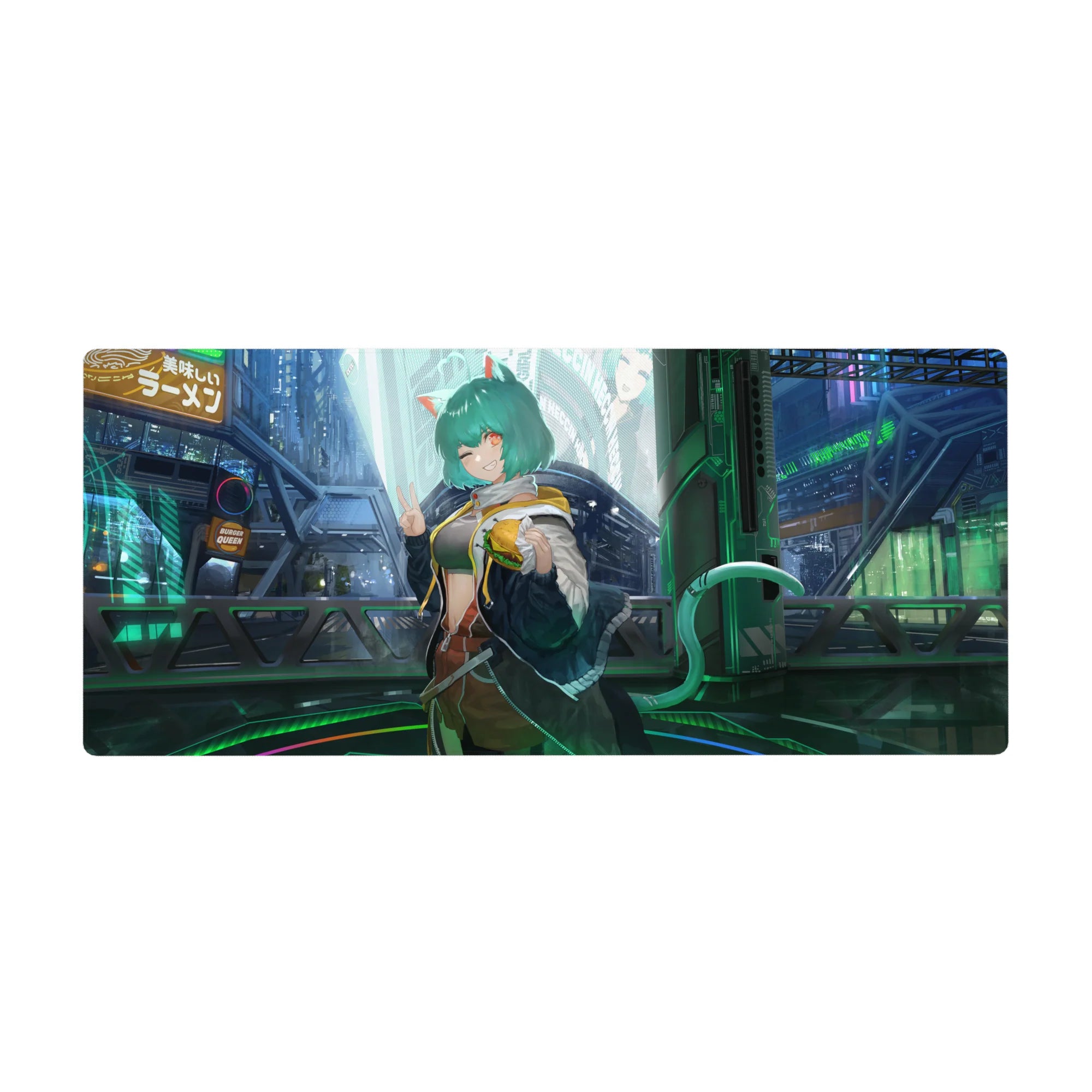 Cyberpunk anime girl desk pad with teal-haired catgirl, ramen signs, and neon street glow, 36x16 inches.