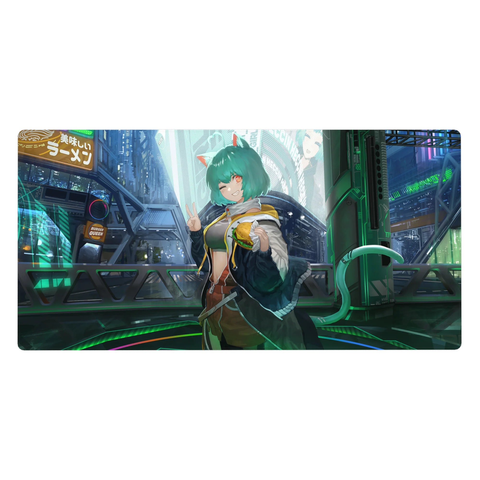 Cyberpunk anime girl desk pad 40x20 inches with neon Tokyo street, ramen signs, and catgirl peace sign.