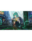 Cyberpunk anime girl desk pad 40x20 inches with neon Tokyo street, ramen signs, and catgirl peace sign.