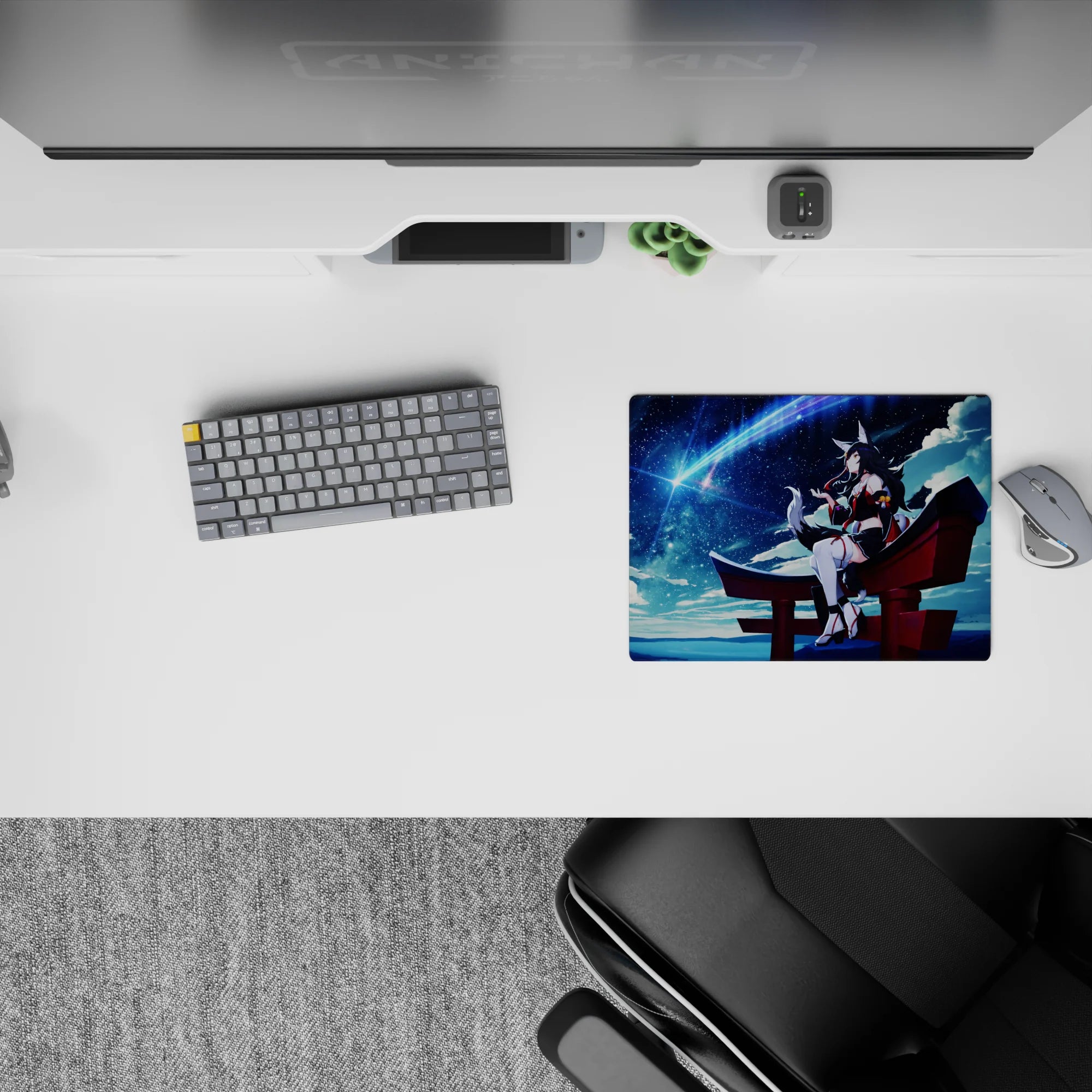 Cozy navy night anime mouse pad 14x10 inches with comet-blue streaks, soft clouds, dreamy contrast.