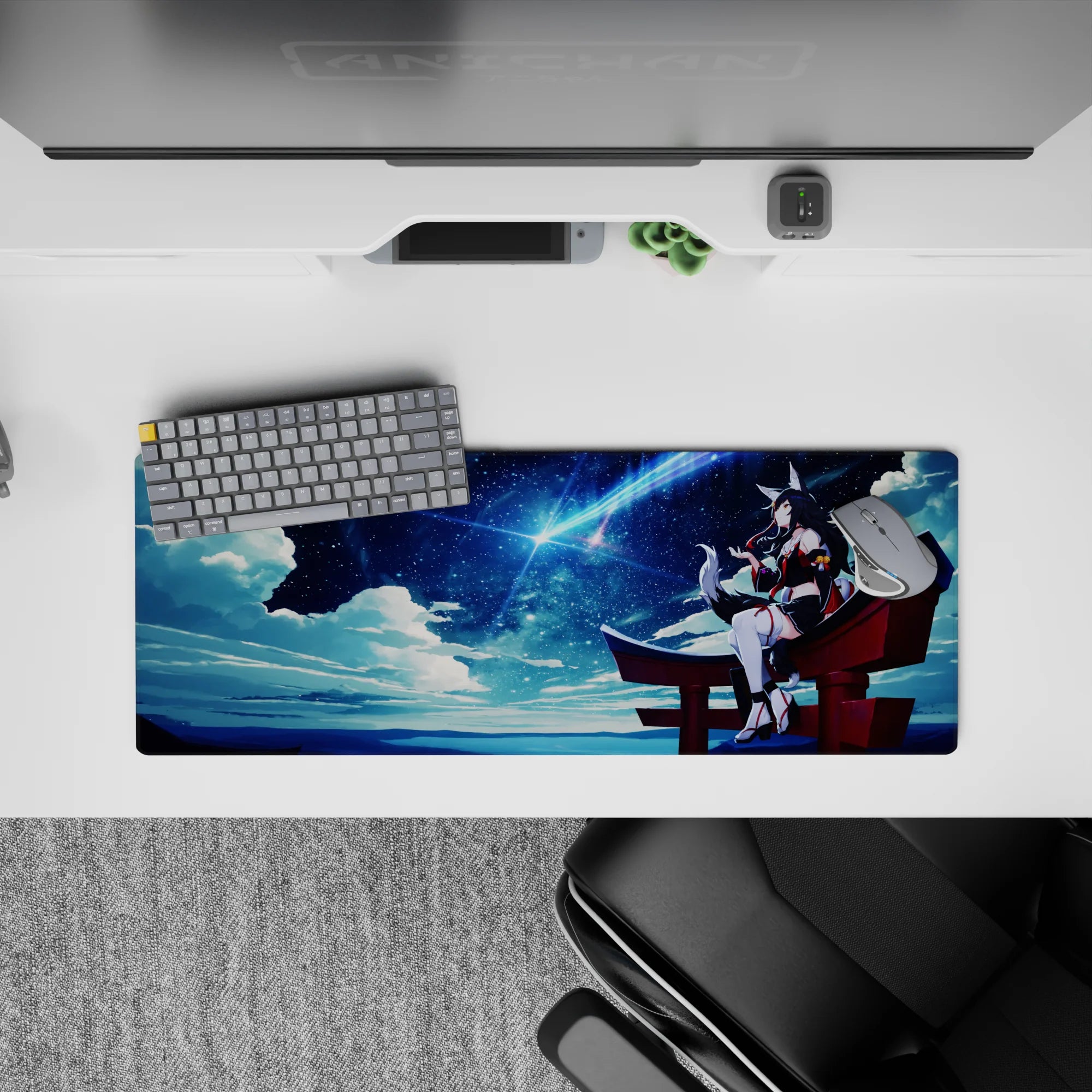 32x12 inches extended mouse pad in deep navy with comet-blue streaks and cozy midnight shrine vibes.