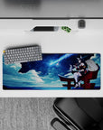 32x12 inches extended mouse pad in deep navy with comet-blue streaks and cozy midnight shrine vibes.
