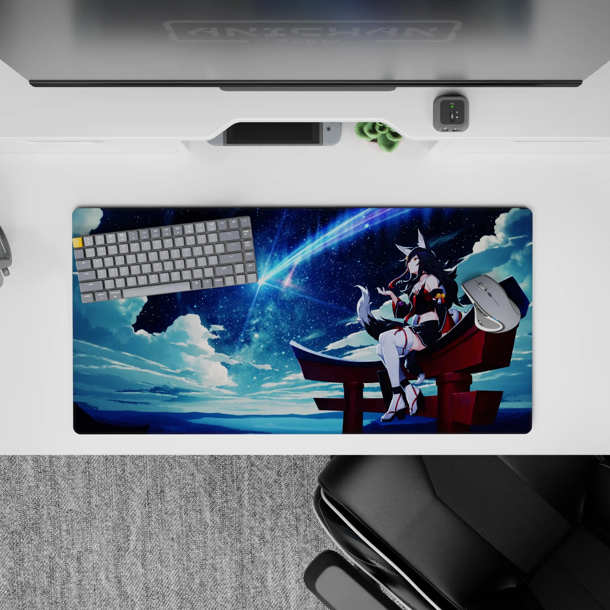 32x16 inches anime desk mouse pad in deep navy with comet-blue streaks, soft clouds, cozy glow.