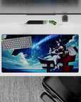 32x16 inches anime desk mouse pad in deep navy with comet-blue streaks, soft clouds, cozy glow.