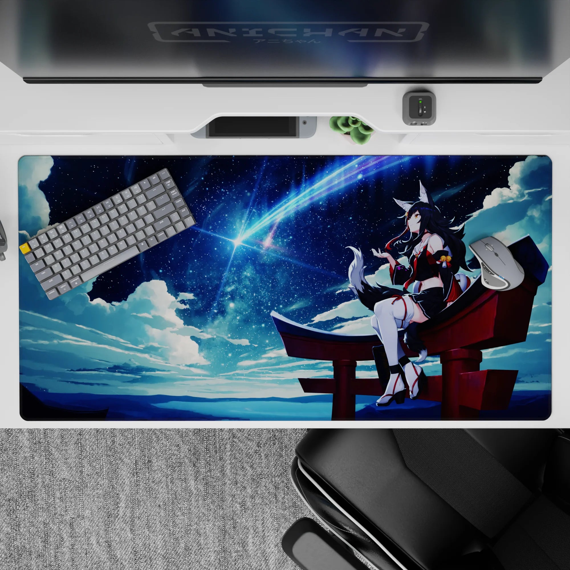 40x20 inches anime desk pad in deep navy with comet-blue streaks, soft clouds, calm shrine mood.