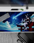 40x20 inches anime desk pad in deep navy with comet-blue streaks, soft clouds, calm shrine mood.