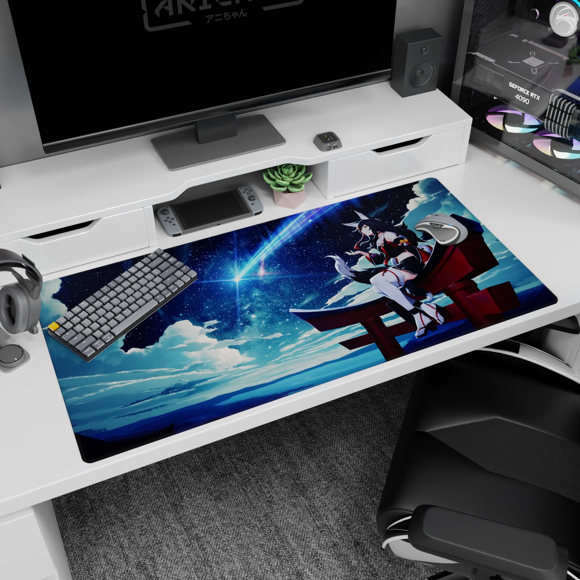 Ahri from League of Legends perched on a red torii, tail curled, night-sky desk pad 40x20 inches.