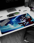 Ahri from League of Legends perched on a red torii, tail curled, night-sky desk pad 40x20 inches.