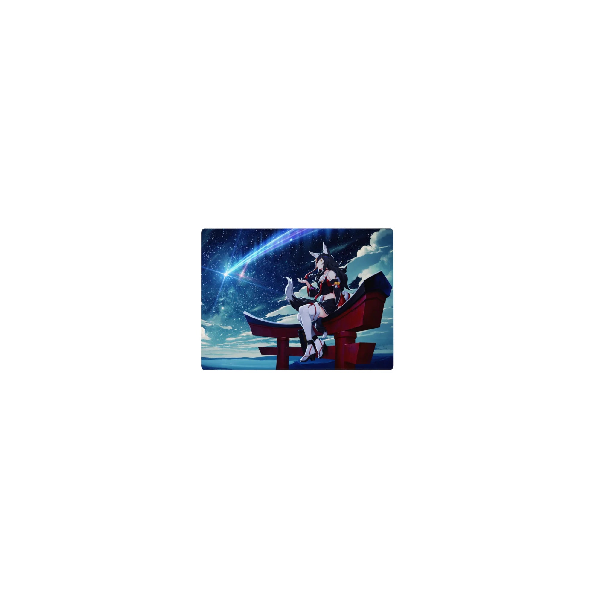 Classic anime girl mouse pad 14x10 inches with shrine torii gate, fox tail, and starry night sky.