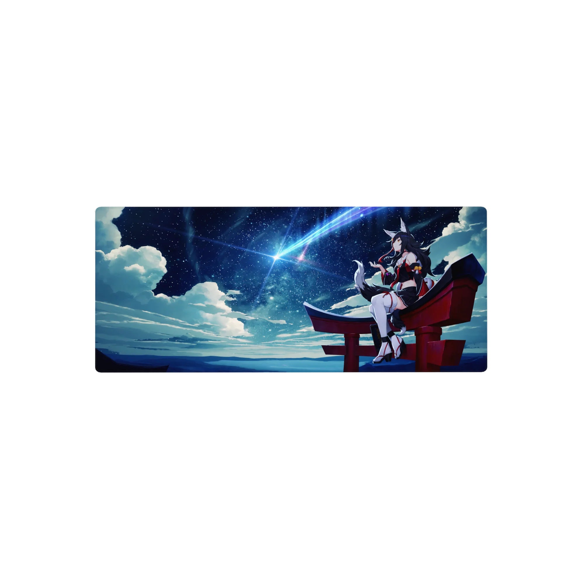 28x12 inches anime girl mouse pad with Ahri on a red torii gate under a starry navy sky.