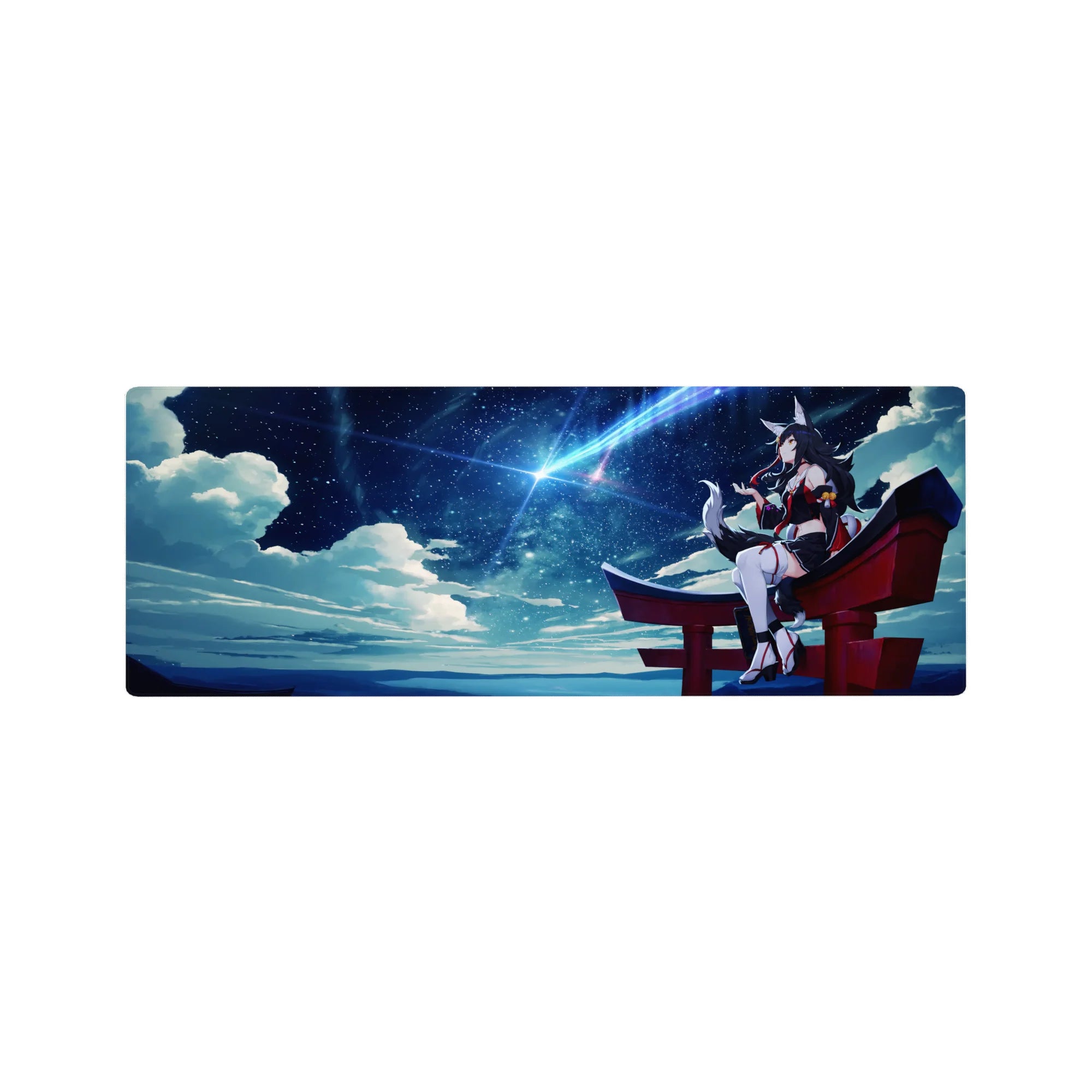 32x12 inches anime girl mouse pad with Ahri on a red torii gate under a starry night sky.