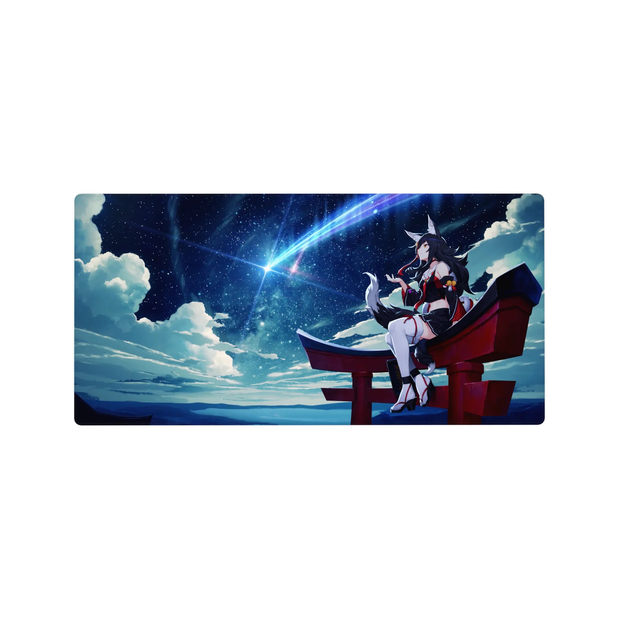 32x16 inches anime girl mouse pad with Ahri on a red torii gate under a starry night sky.