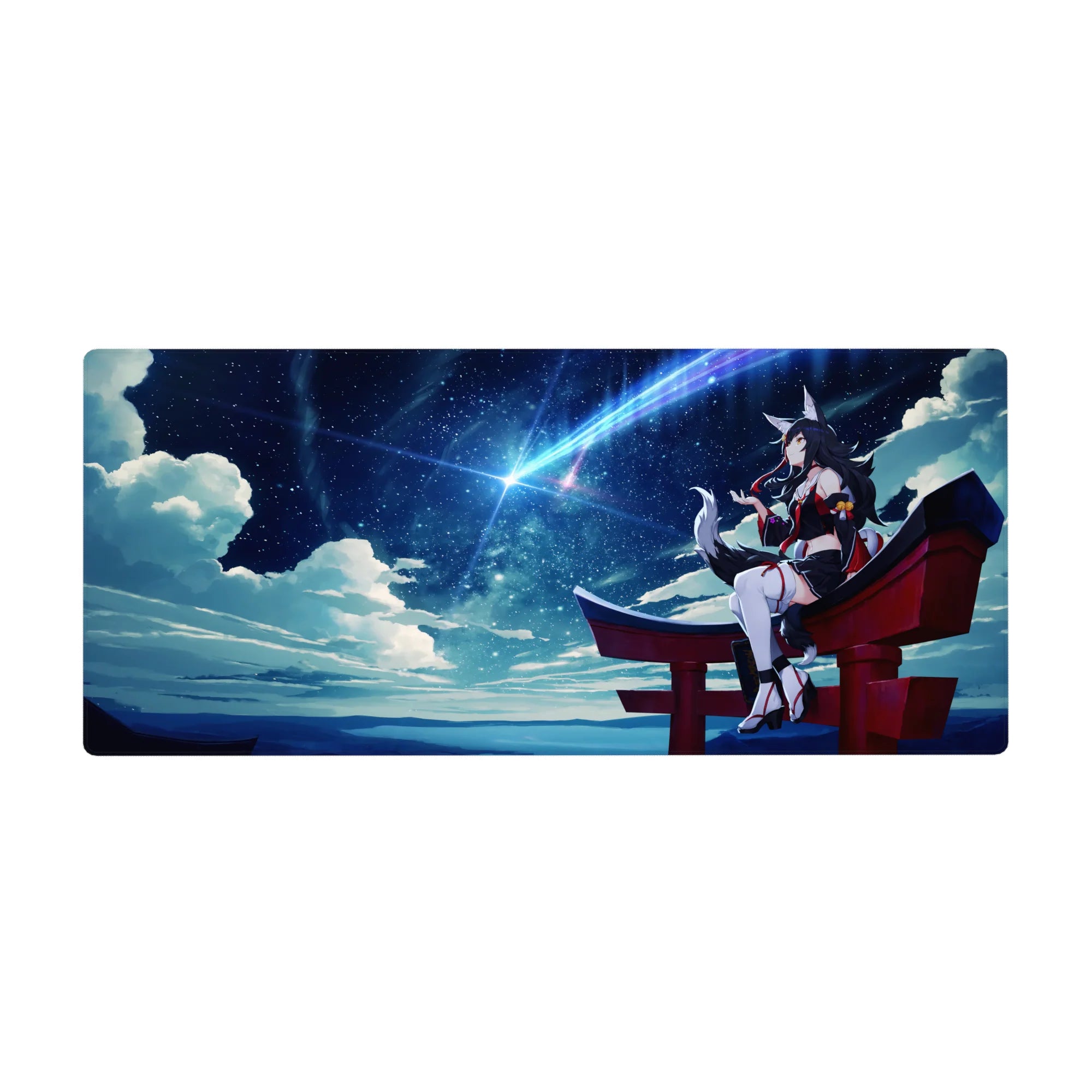 36x16 inches anime girl desk pad with Ahri on a red torii gate under a starry night sky.