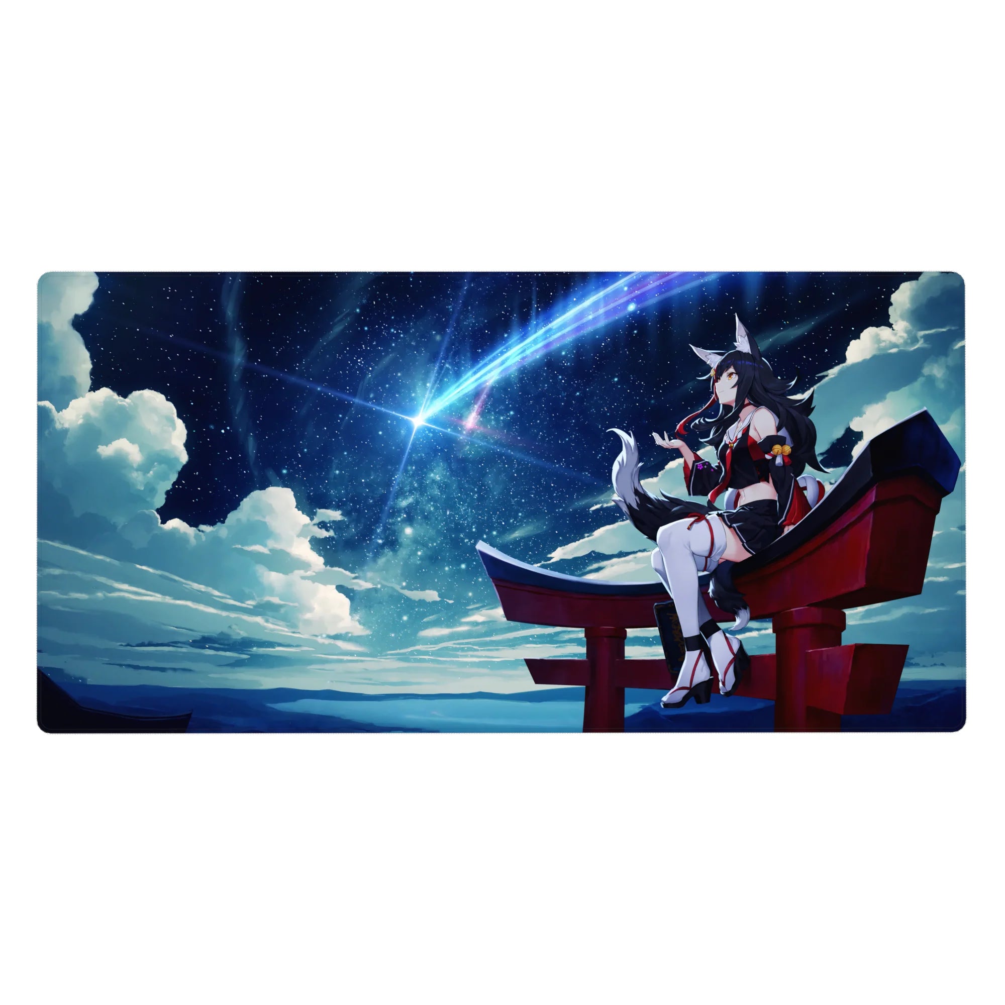 Anime girl desk pad 40x20 inches with Ahri on a red torii gate under a starry night sky.