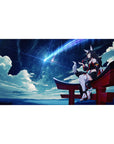 Anime girl desk pad 40x20 inches with Ahri on a red torii gate under a starry night sky.