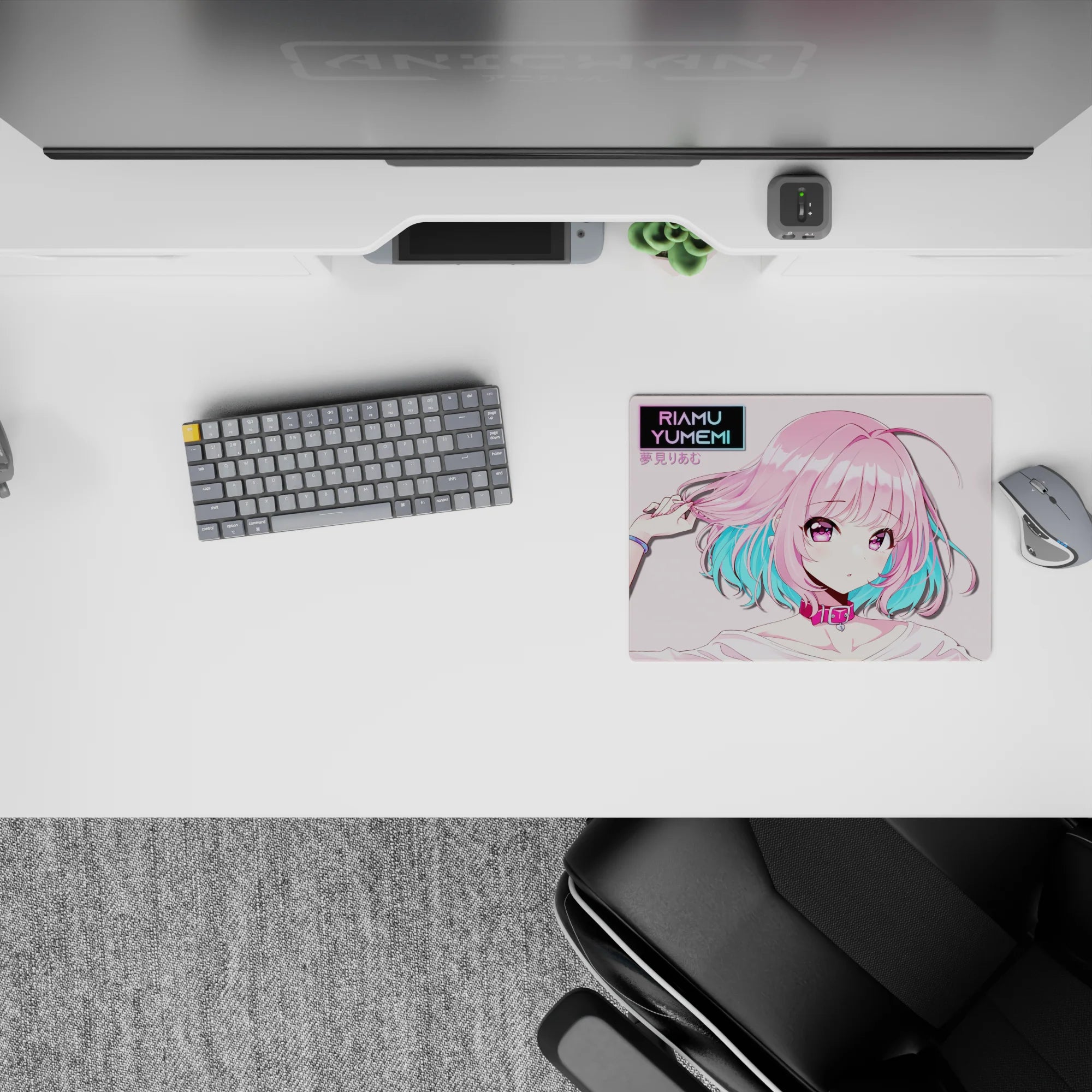 Pastel pink and aqua anime mouse pad 14x10 inches, shy-brave vibe with violet eyes and clean retro look.