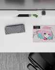 Pastel pink and aqua anime mouse pad 14x10 inches, shy-brave vibe with violet eyes and clean retro look.