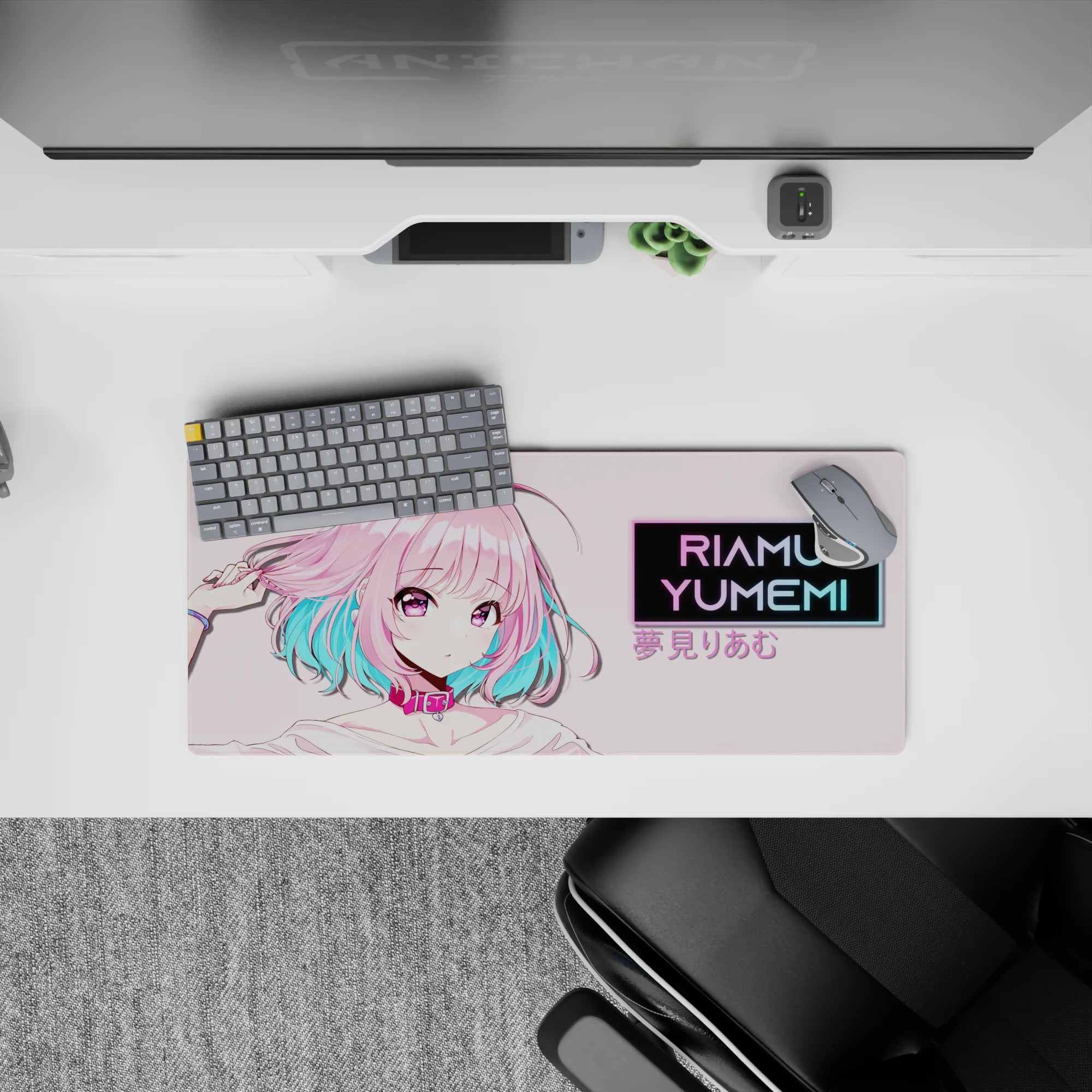 28x12 inches kawaii desk mat in soft pastels with candy-pink hair, aqua accents, and bright violet eyes.