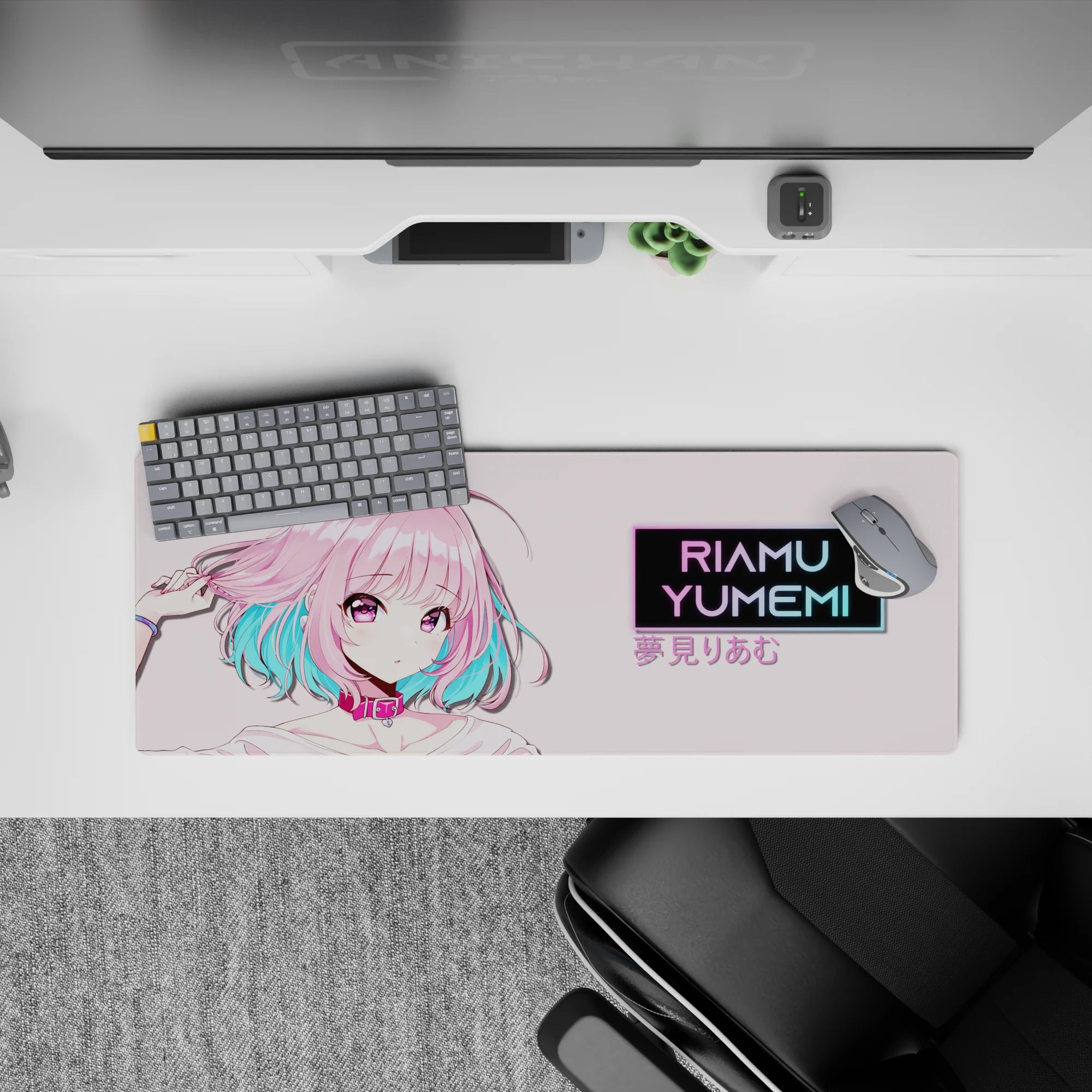 32x12 inches desk mat in soft pastels with candy-pink hair, aqua tips, and vivid violet eyes, cute chaos vibe.