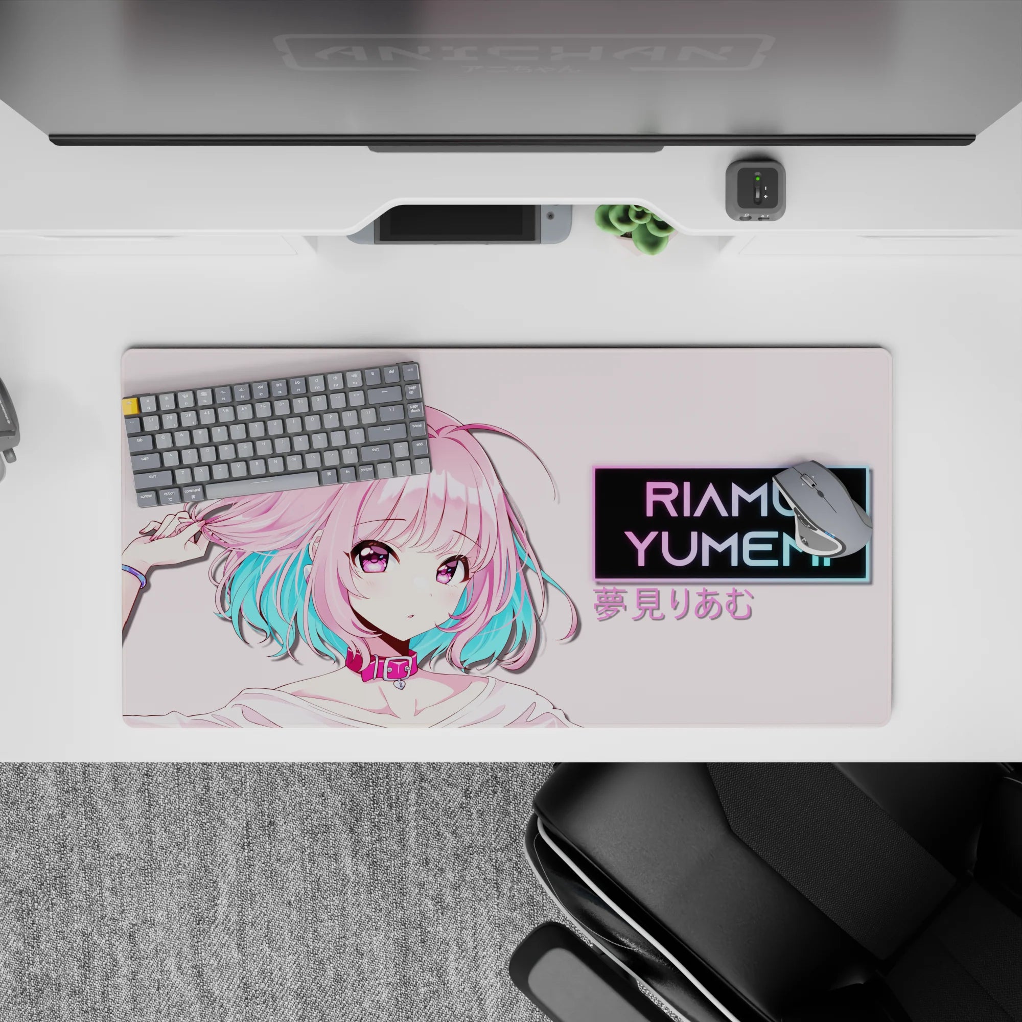 32x16 inches pastel kawaii mouse pad with candy-pink hair, aqua tips, violet eyes, cute chaotic vibe.