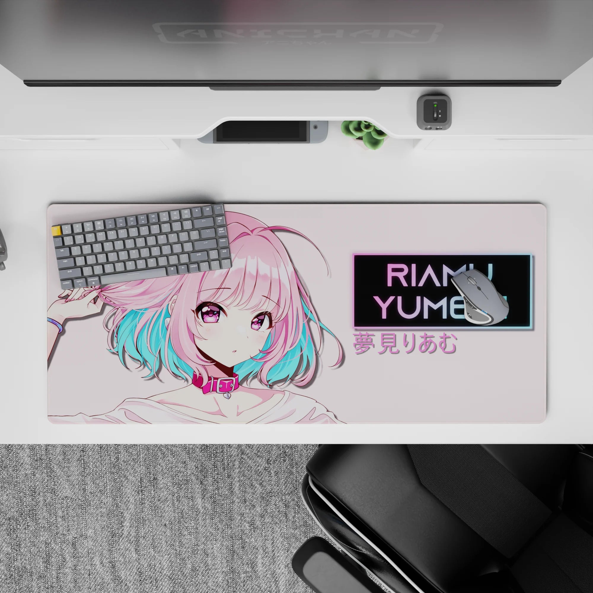 Pastel anime desk pad 36x16 inches with aqua hair tips, violet eyes, cute chaos vibe for smooth tracking.