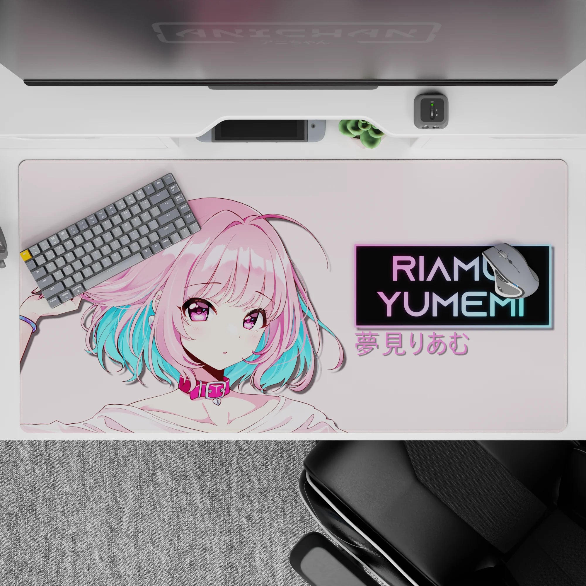 Cute chaos anime desk pad 40x20 inches in soft pastels, neon aqua accents, and vivid violet eyes.