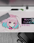 Cute chaos anime desk pad 40x20 inches in soft pastels, neon aqua accents, and vivid violet eyes.
