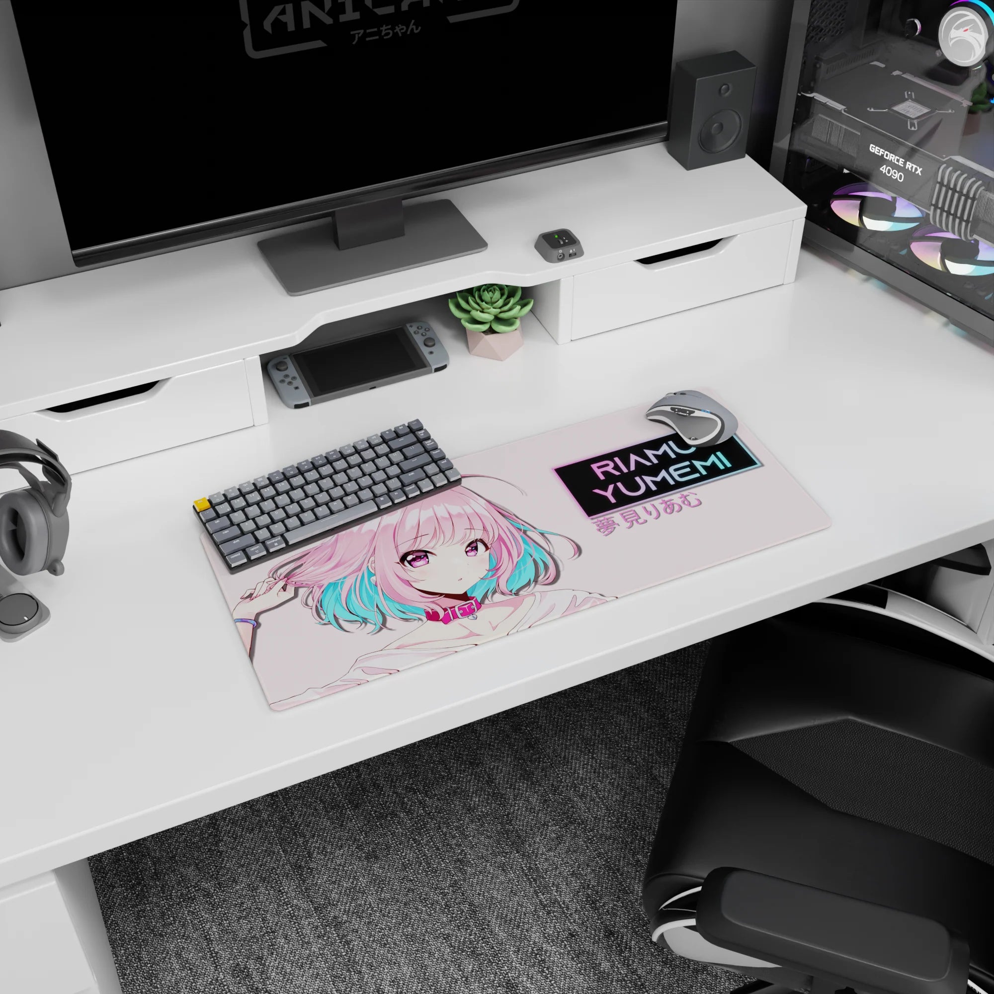 28x12 inches Riamu Yumemi iDOLM@STER Cinderella Girls mouse pad, shy pose tugging pink hair, sign.
