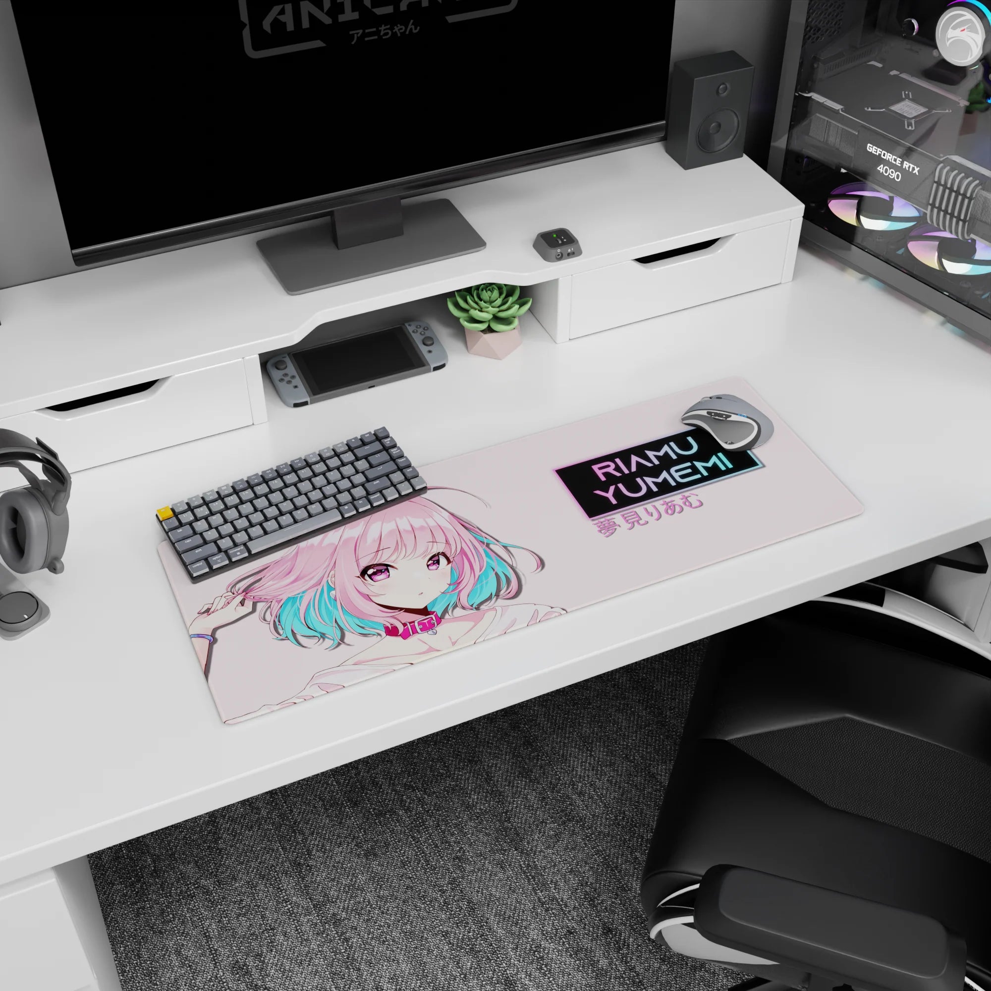 32x12 inches Riamu Yumemi mouse pad, shy-brave pose tugging her pink hair, from iDOLM@STER Cinderella Girls.
