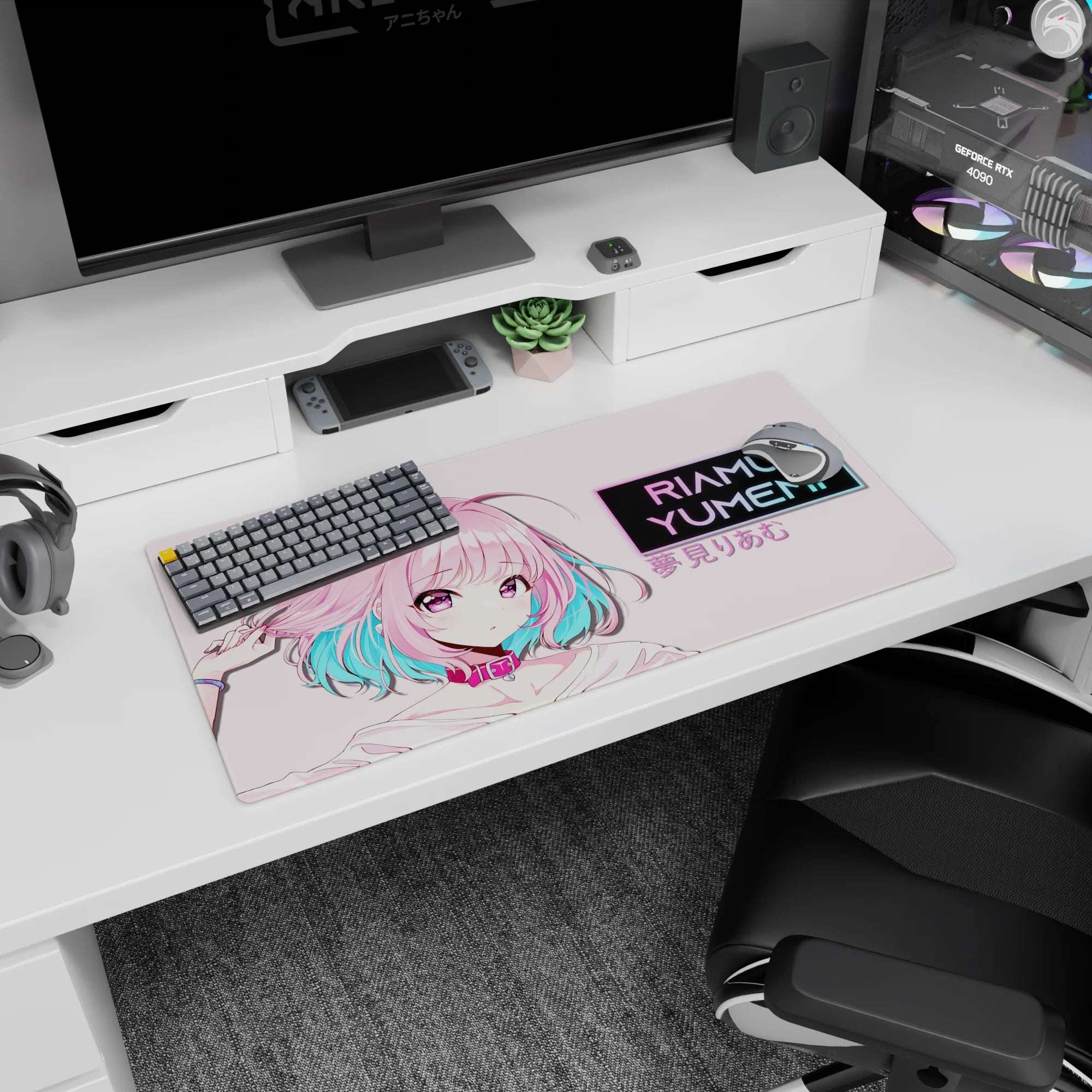 32x16 inches Riamu Yumemi iDOLM@STER Cinderella Girls mouse pad, tugging pink hair with neon eyes.