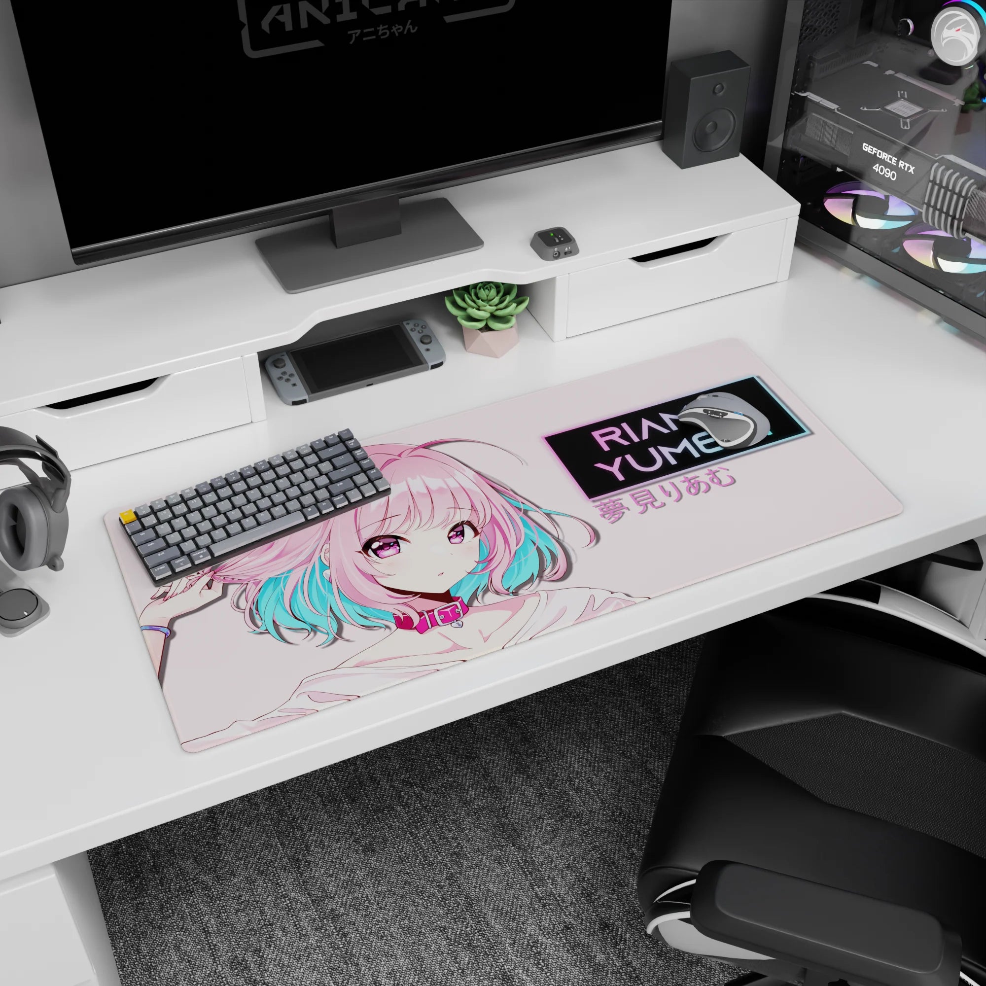 Riamu Yumemi from The iDOLM@STER Cinderella Girls desk pad 36x16 inches tugging pink hair shy-brave.