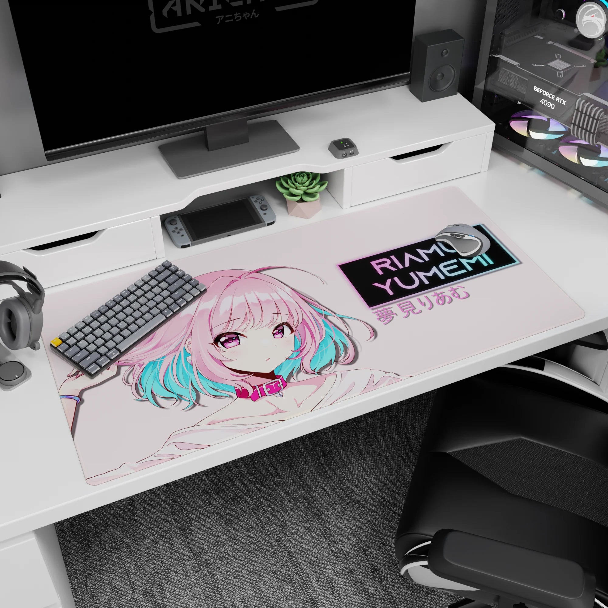 Riamu Yumemi shy-brave pose tugging her pink hair on an anime desk pad 40x20 inches.