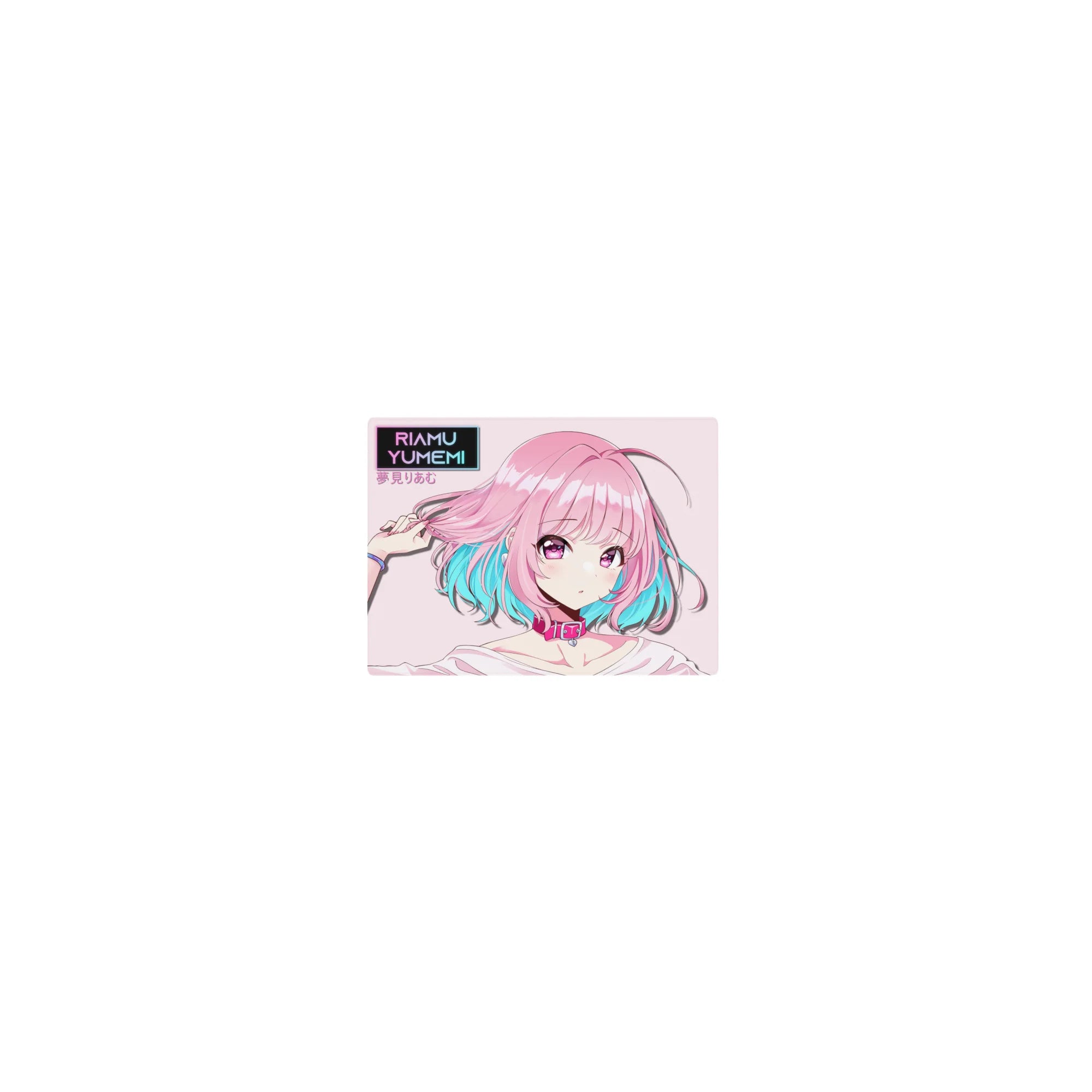 Classic anime girl mouse pad 14x10 inches with pastel backdrop, neon eyes, and RIAMU YUMEMI nameplate.
