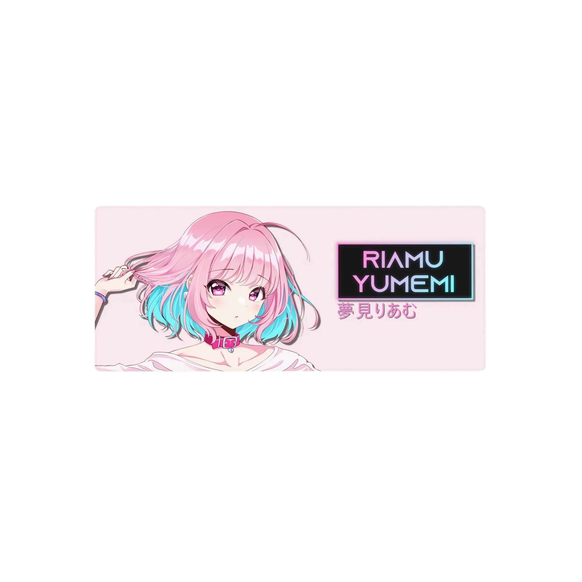 28x12 inches anime girl mouse pad with pastel backdrop, neon aqua hair tips, violet eyes, retro nameplate.