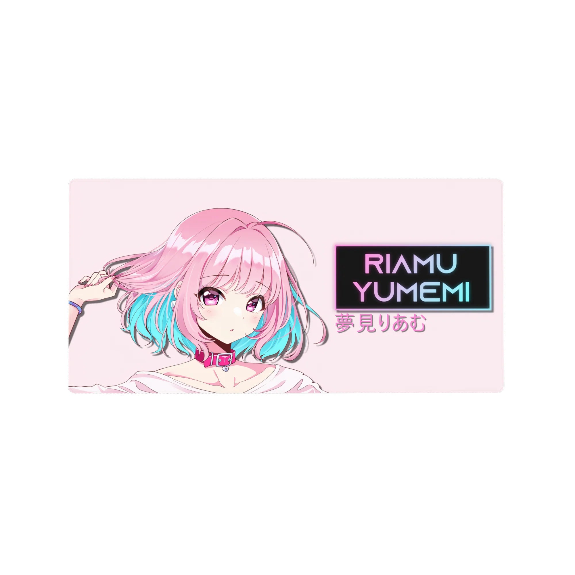 32x16 inches anime girl mouse pad with shy-brave idol, pastel backdrop, retro RIAMU YUMEMI nameplate.