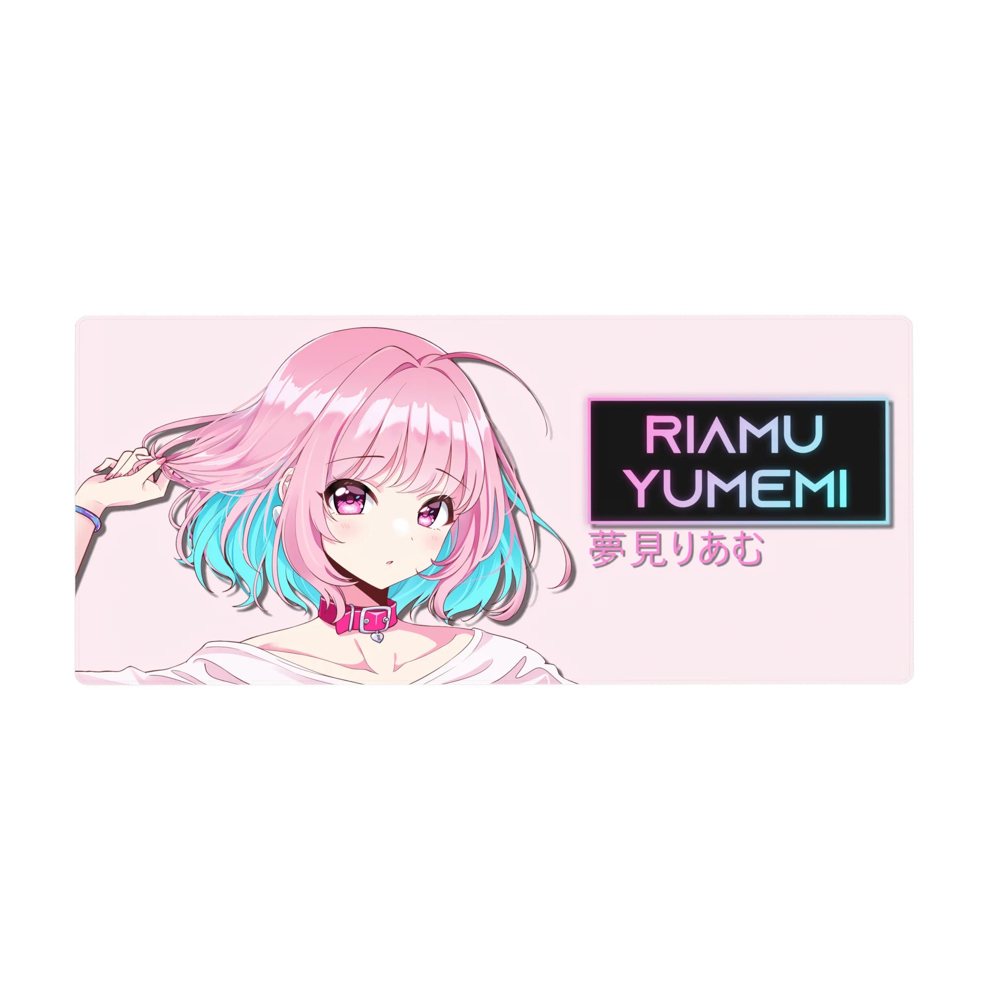 Anime girl desk pad 36x16 inches with shy pose, candy-pink hair, pastel backdrop, RIAMU YUMEMI sign.